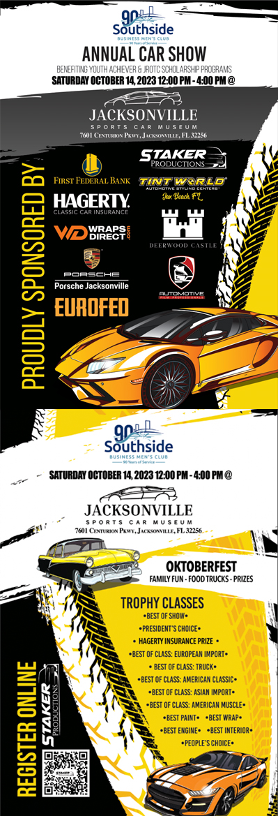 Jacksonville Southside Business Mens Club 2023 Car Show Event Flyer